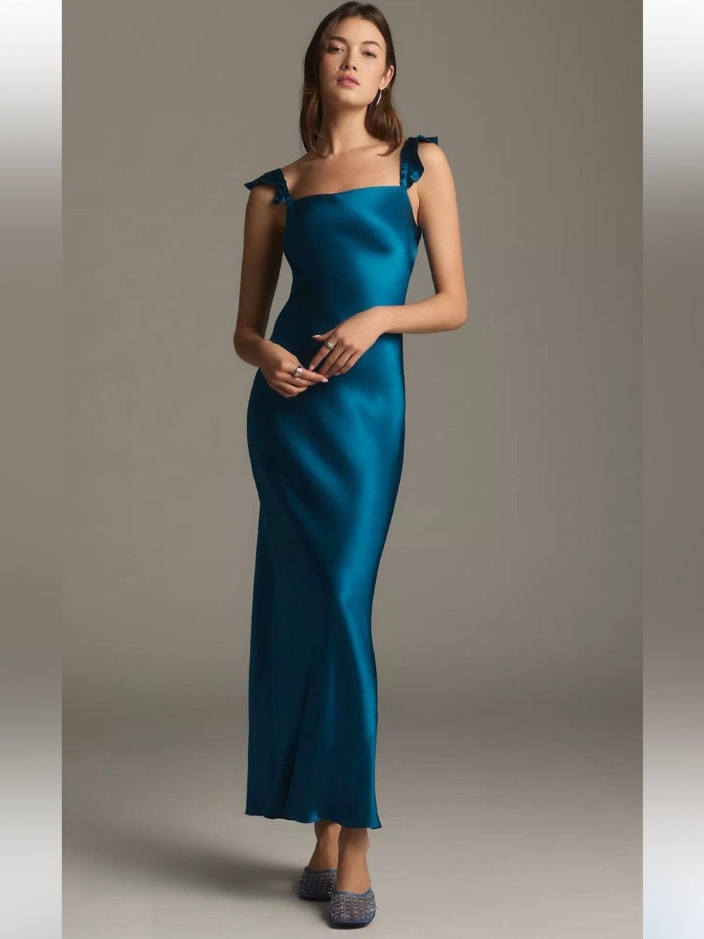 Anthropologie Teal Satin Maxi Dress
